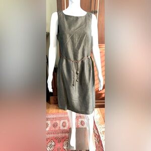 Brownish Green Linen straight dress Just Over The knee Nice Brown cord belt 10